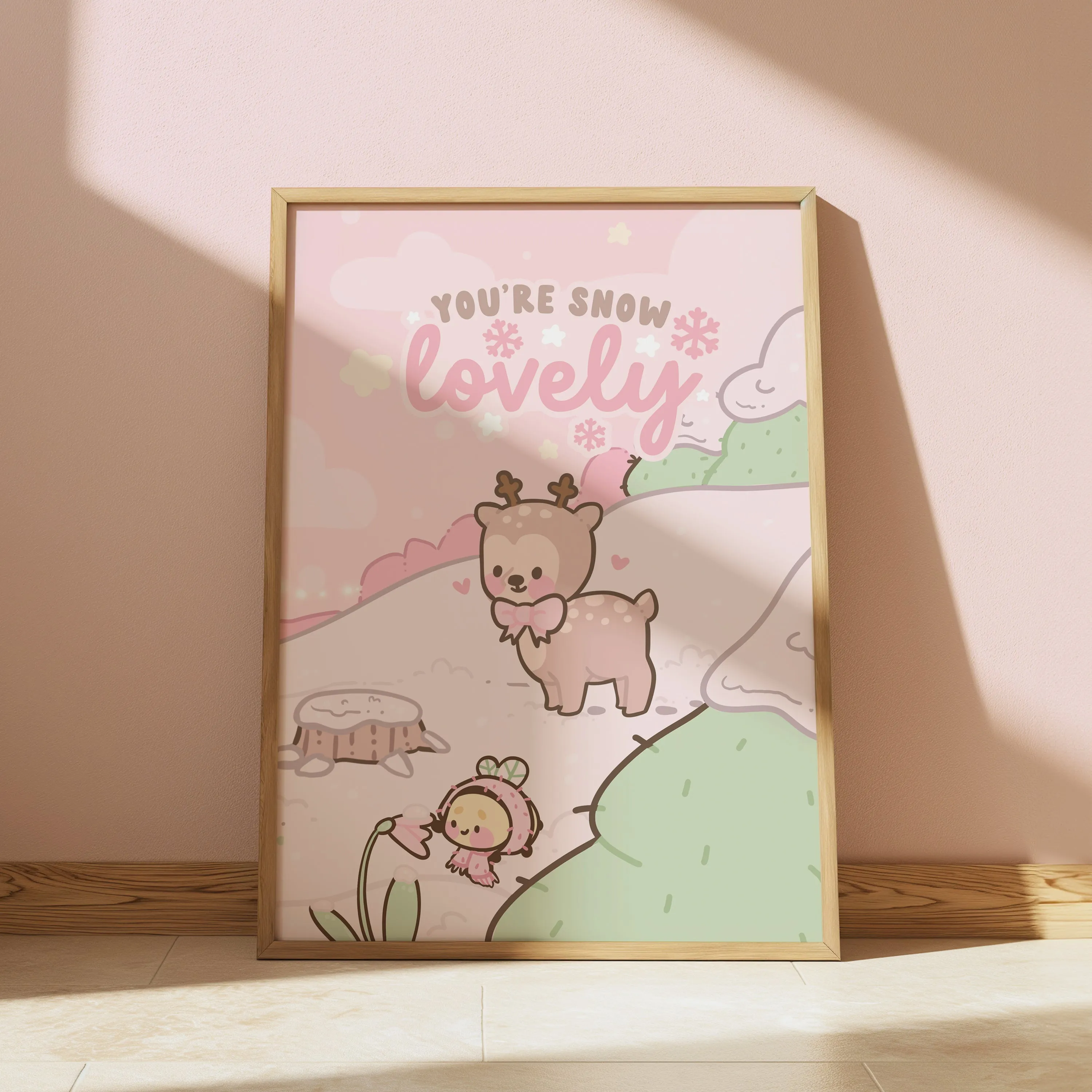 Cinnamon & Bumblebutt Art Print | Pastel Winter Scene with Snow-Capped Trees & "You're Snow Lovely" Quote | Kawaii Christmas Decor