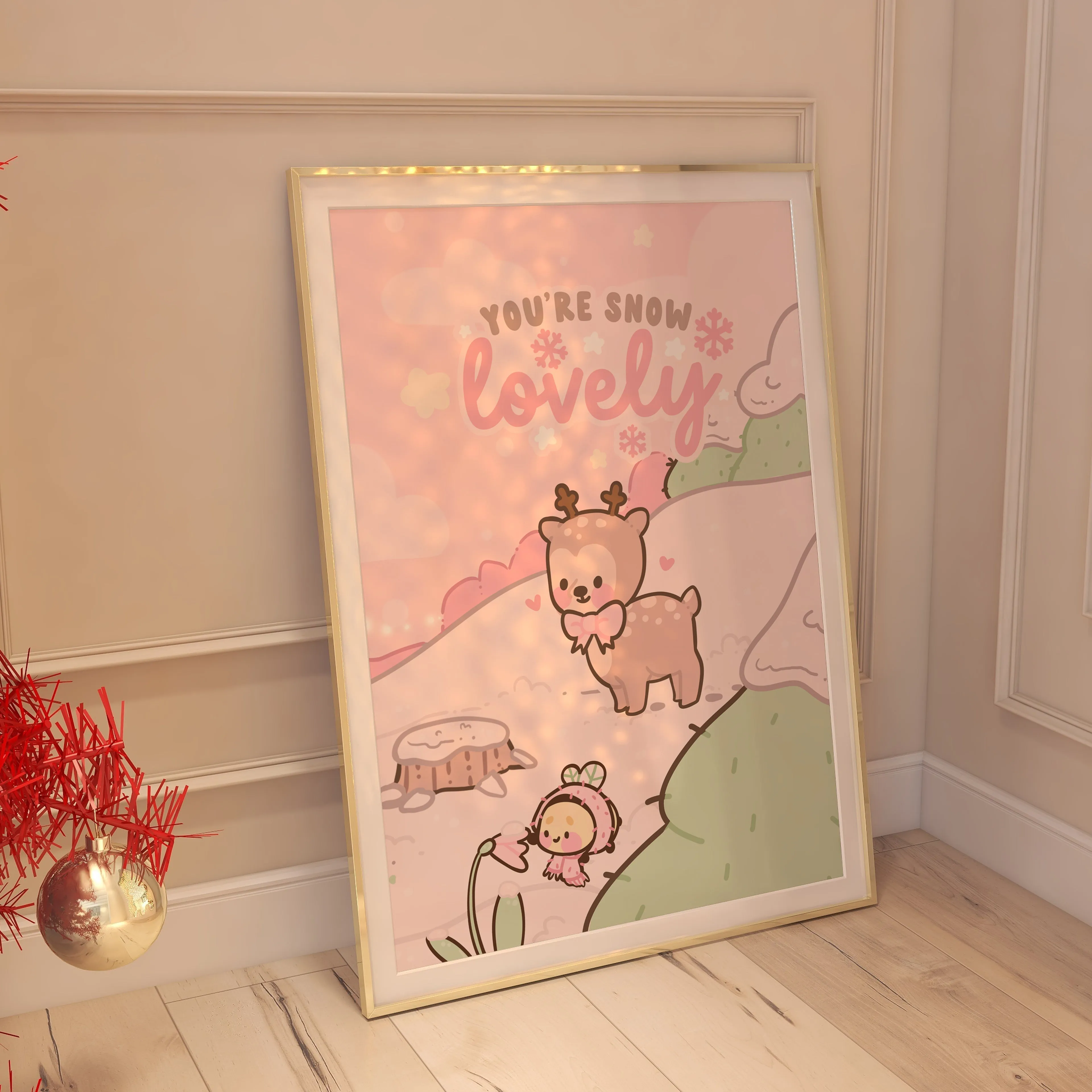 Cinnamon & Bumblebutt Art Print | Pastel Winter Scene with Snow-Capped Trees & "You're Snow Lovely" Quote | Kawaii Christmas Decor