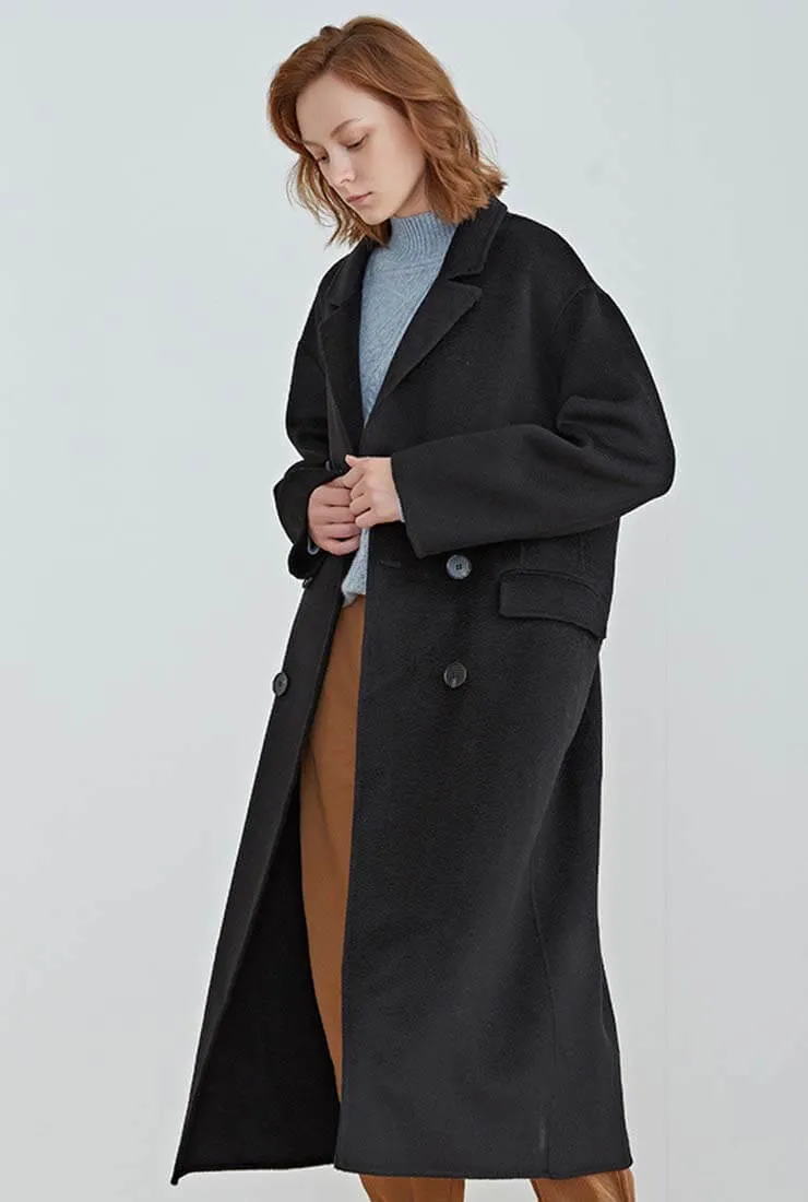 Classic Double-Breasted Reversible Cashmere Wool Long Coat