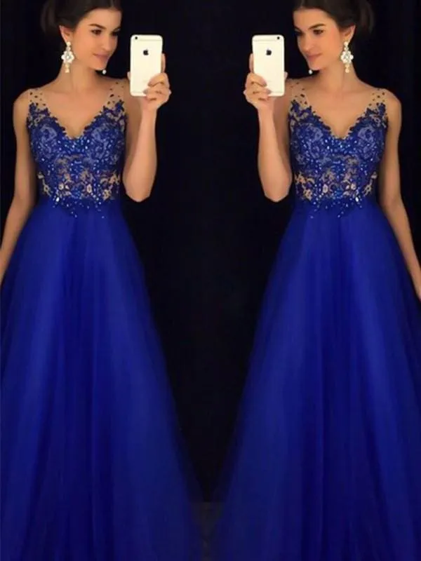 D| Bridelily A-Line V-Neck Sleeveless Floor-Length With Applique Tulle Dresses