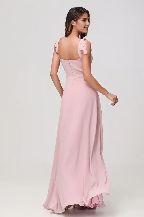 Elegant Bridesmaid Dresses Square Neck Bow Straps Chiffon Slit Dress Fall Wedding Guest Dress November