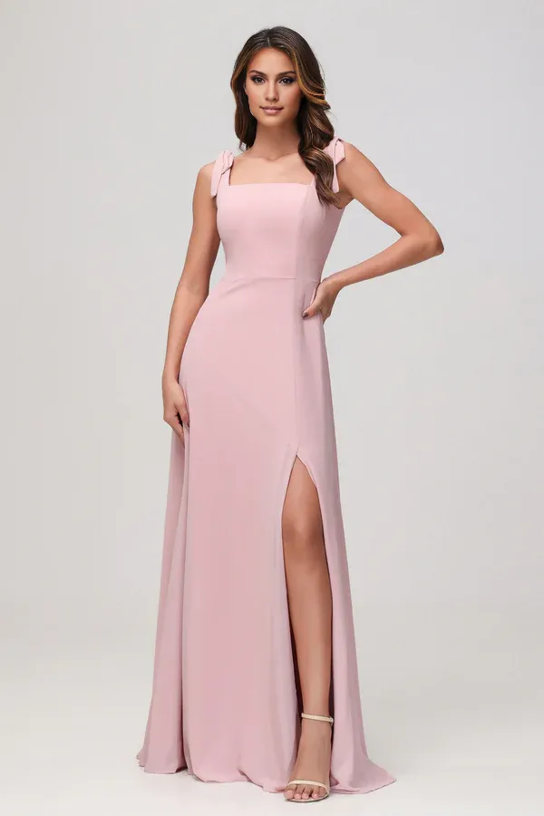 Elegant Bridesmaid Dresses Square Neck Bow Straps Chiffon Slit Dress Fall Wedding Guest Dress November