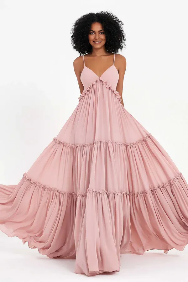 Elegant Dusty-Rose Wedding Guest Dresses V-neck Empire Waist Maxi Boho Chiffon Dress Bridesmaid Dresses