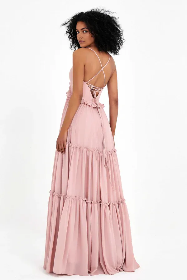 Elegant Dusty-Rose Wedding Guest Dresses V-neck Empire Waist Maxi Boho Chiffon Dress Bridesmaid Dresses