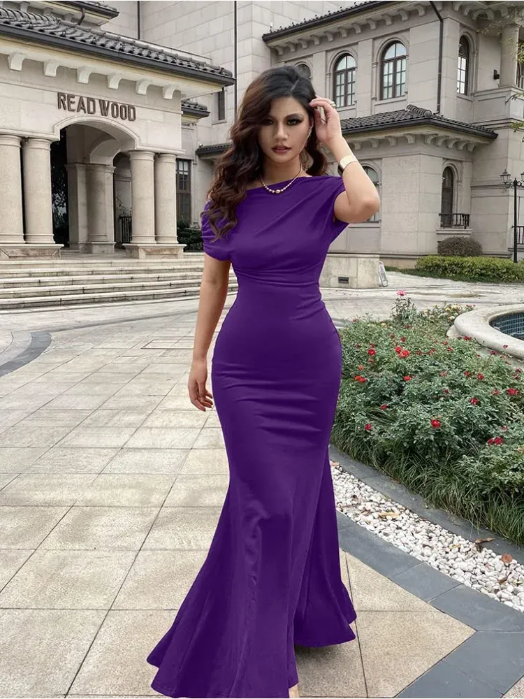Formal Prom Dress for Women Elegant Skew Neck Off The Shoulder Mermaid Evening Party Cocktail Maxi Dresses Solid Color