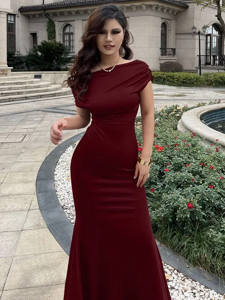 Formal Prom Dress for Women Elegant Skew Neck Off The Shoulder Mermaid Evening Party Cocktail Maxi Dresses Solid Color