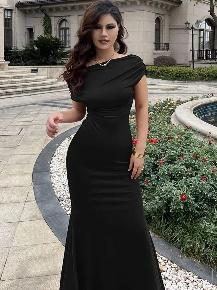 Formal Prom Dress for Women Elegant Skew Neck Off The Shoulder Mermaid Evening Party Cocktail Maxi Dresses Solid Color