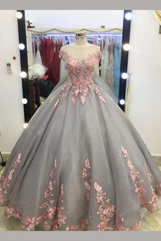 Gray Ball Gown Cap Sleeves Floor-length Pink Lace Appliques Prom Dress Quinceanera Dresses