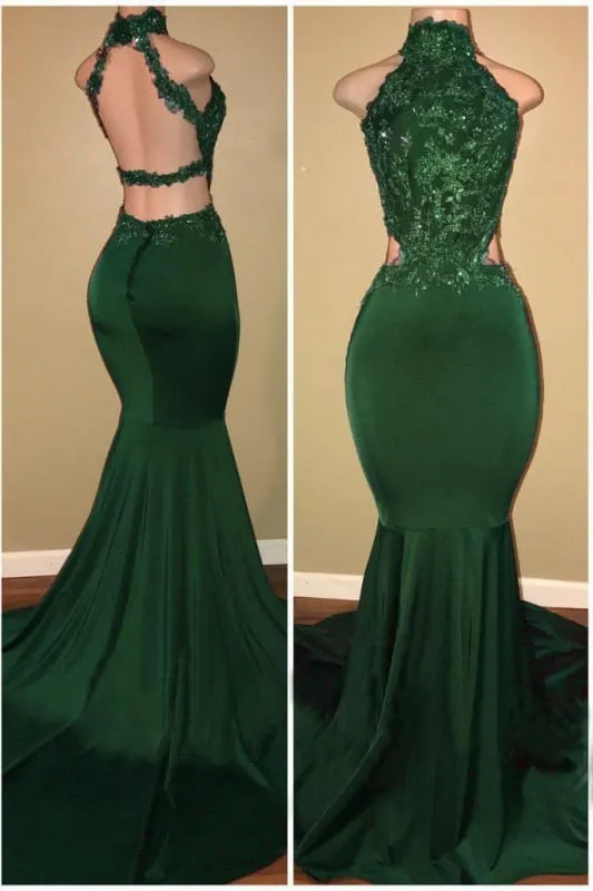 Green High Neck Sleeveless Mermaid Long Prom with Appliques Sexy Party Dress