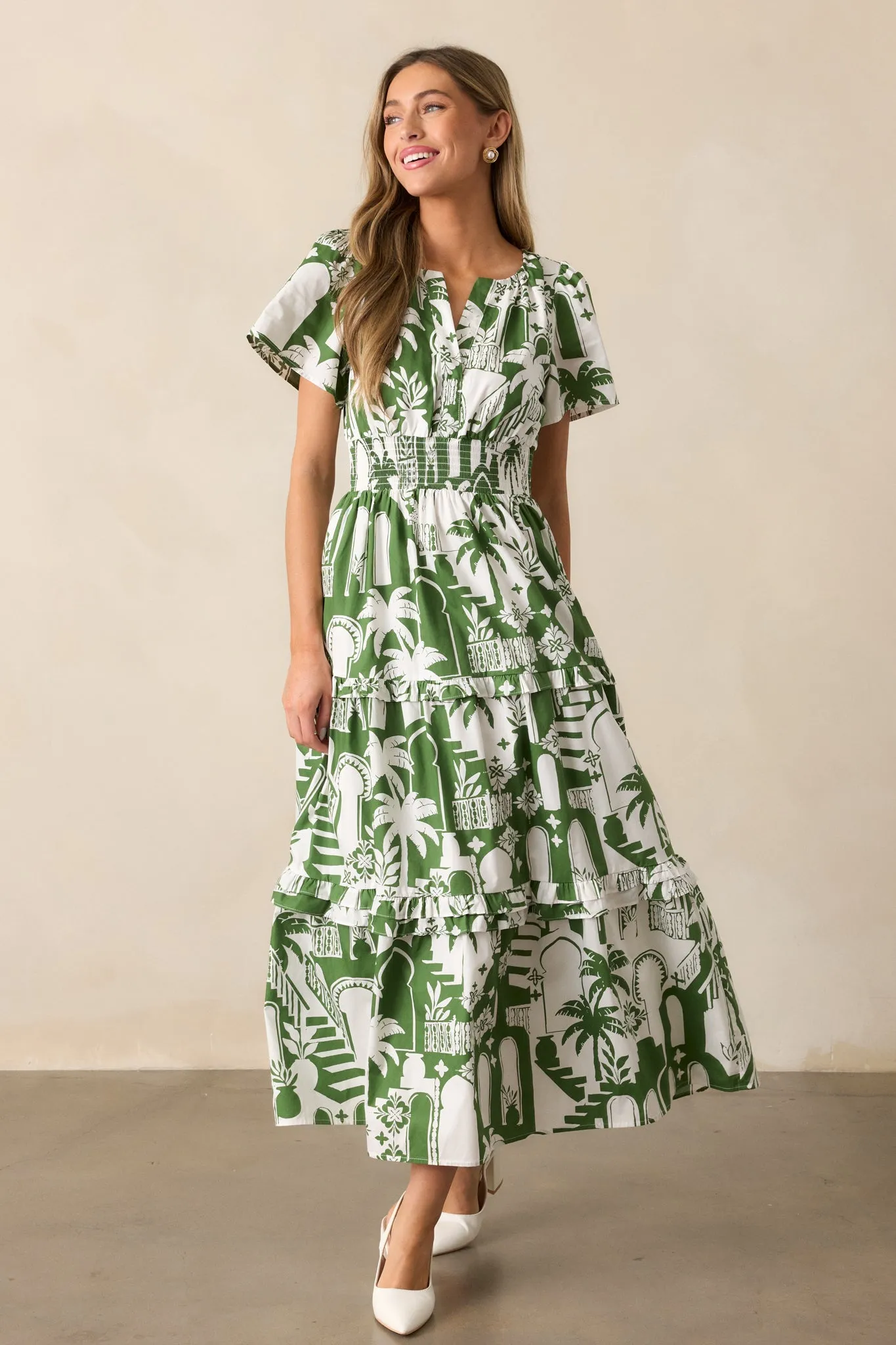 Island Glow 100% Cotton Green Tropical Palm Print Maxi Dress