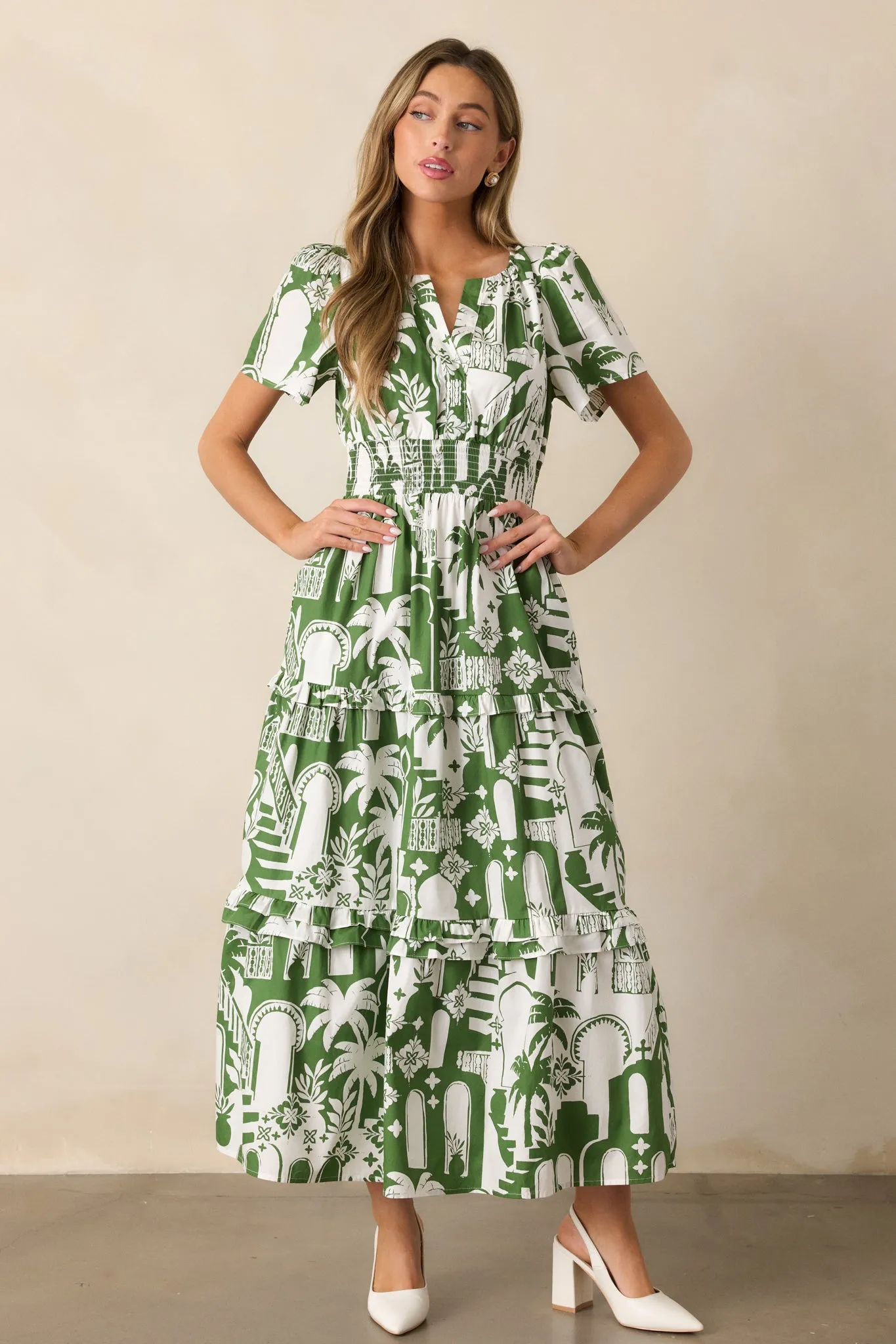 Island Glow 100% Cotton Green Tropical Palm Print Maxi Dress
