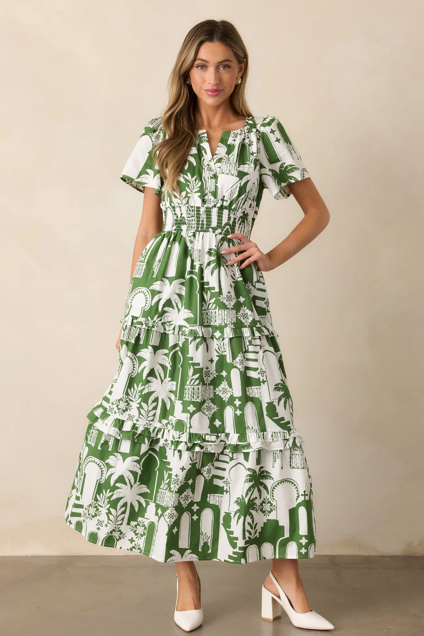 Island Glow 100% Cotton Green Tropical Palm Print Maxi Dress