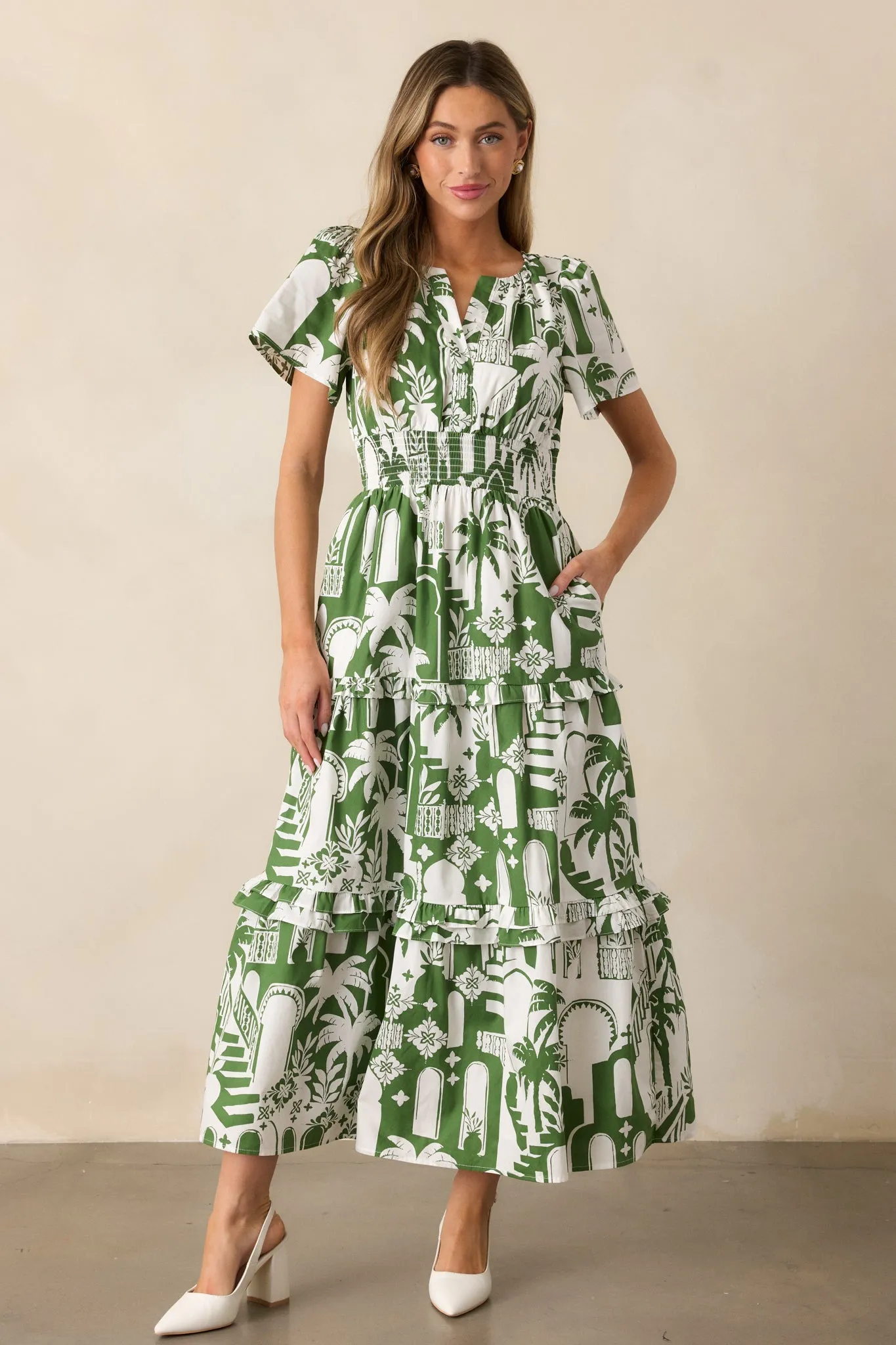 Island Glow 100% Cotton Green Tropical Palm Print Maxi Dress
