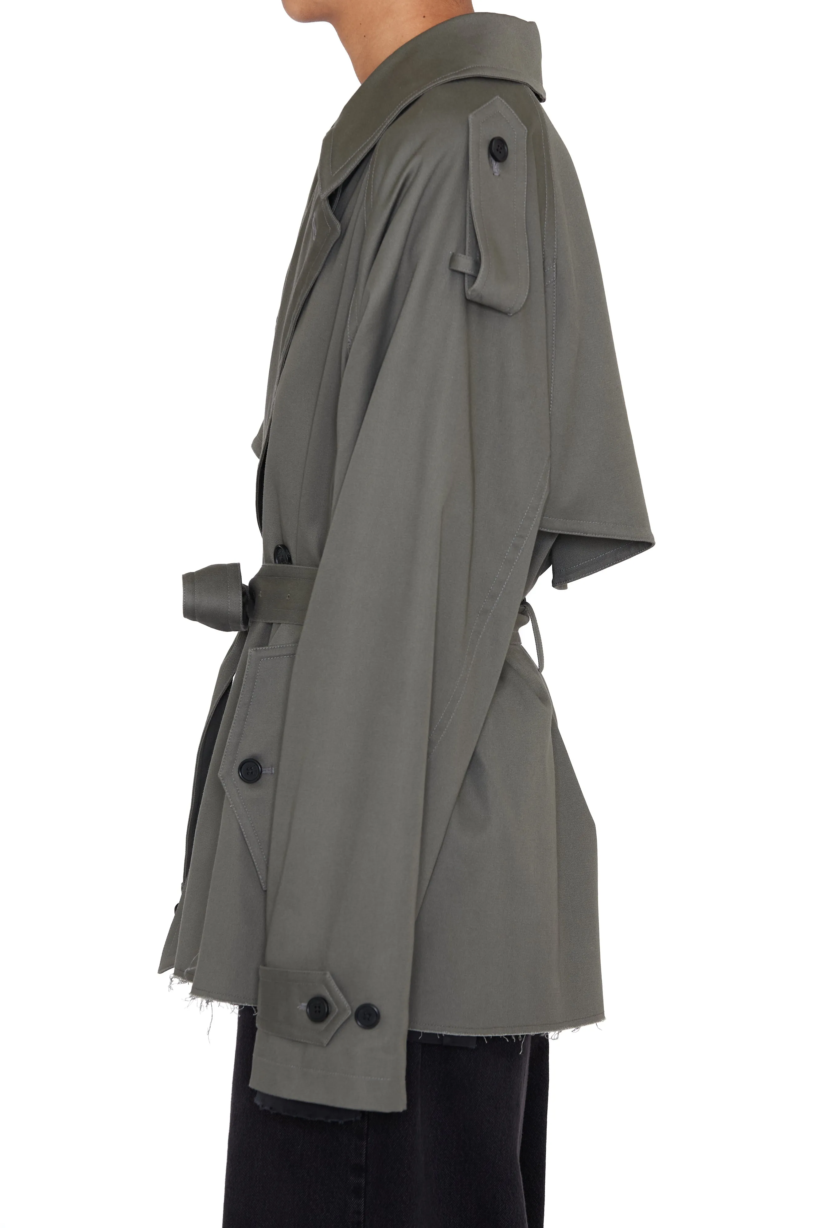 KHAKI COTTON TWILL CUT OUT BREASTED TRENCH COAT