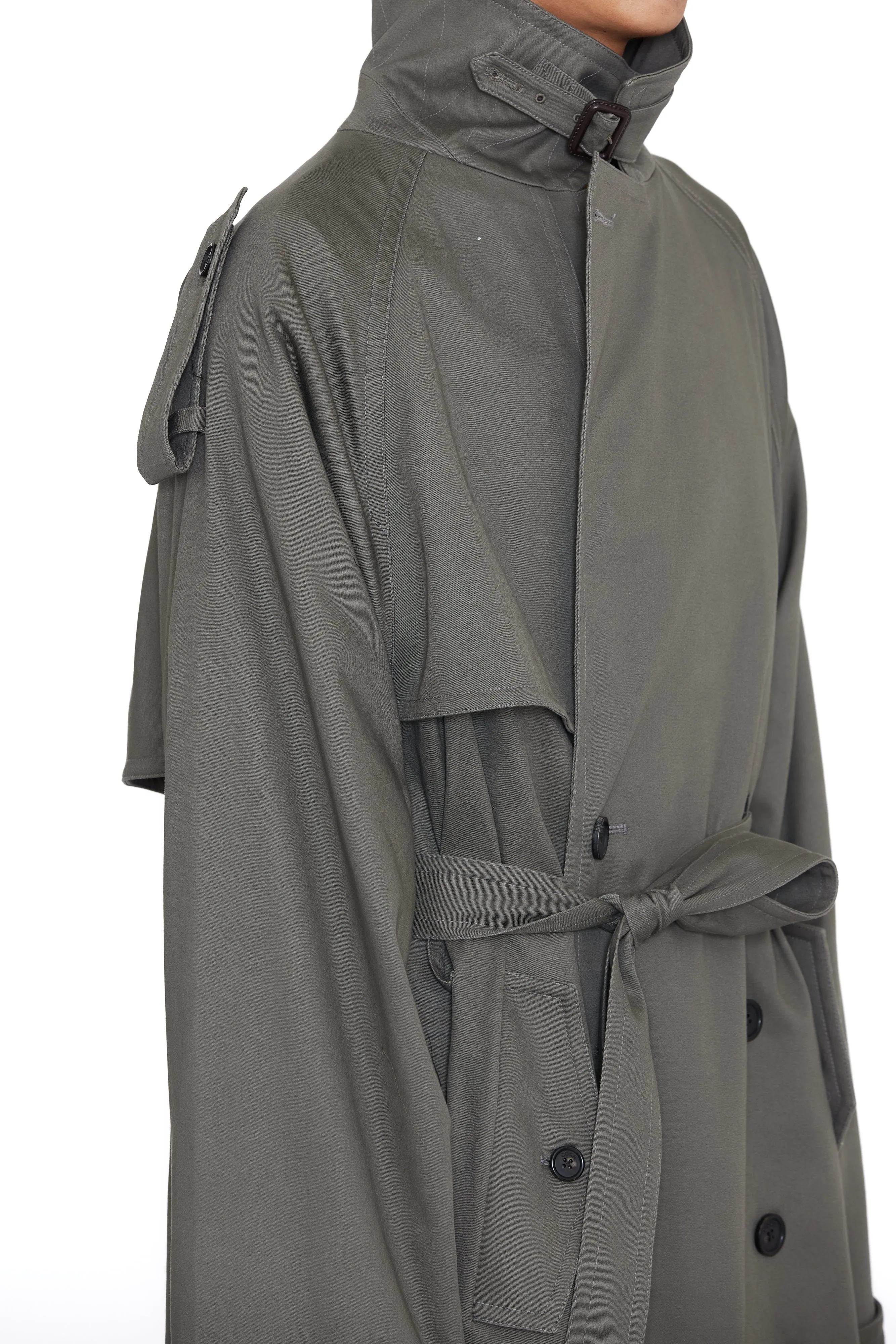 KHAKI COTTON TWILL CUT OUT BREASTED TRENCH COAT