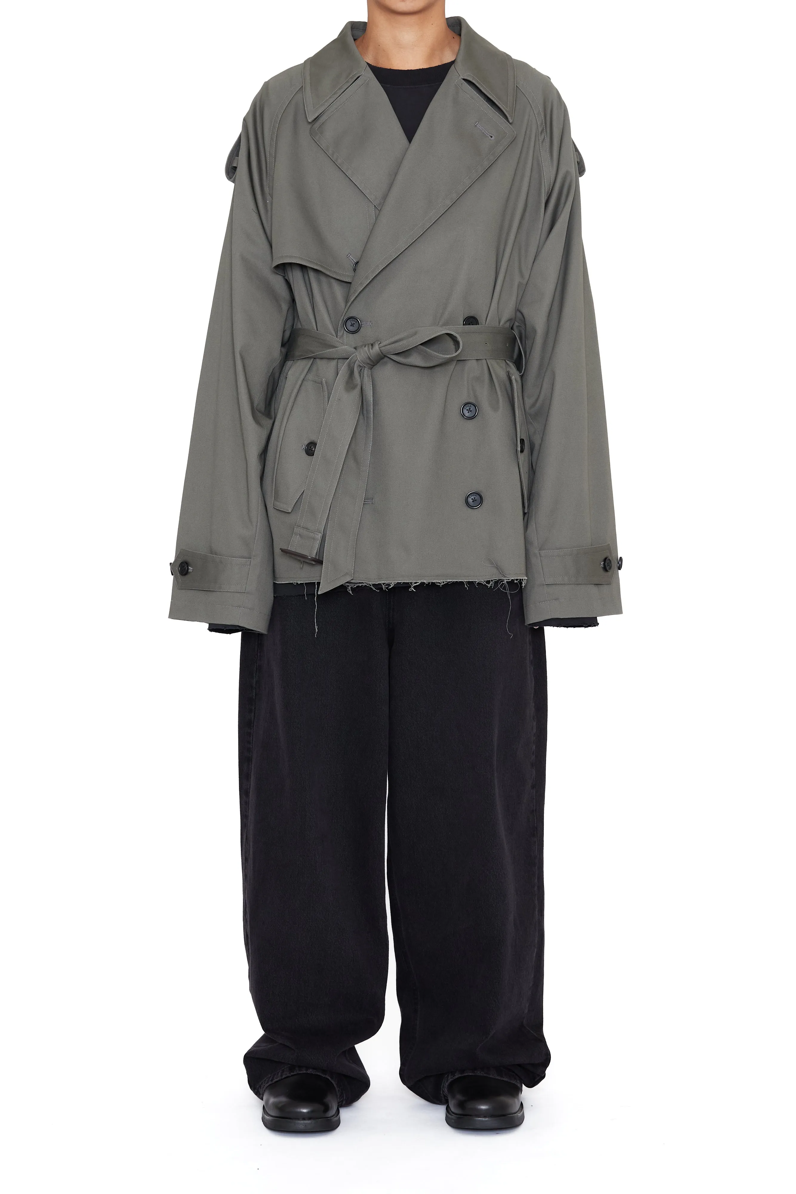 KHAKI COTTON TWILL CUT OUT BREASTED TRENCH COAT