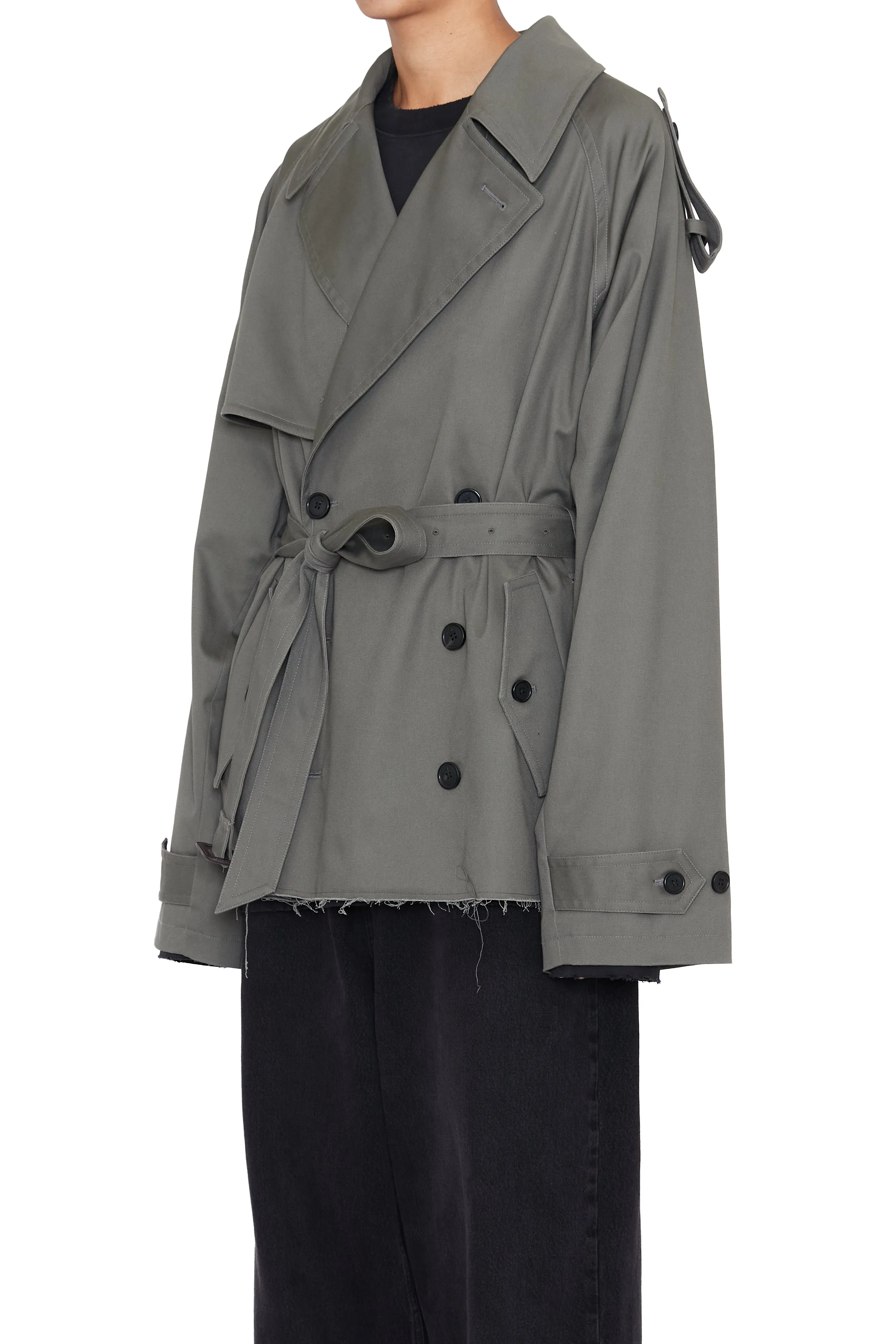 KHAKI COTTON TWILL CUT OUT BREASTED TRENCH COAT