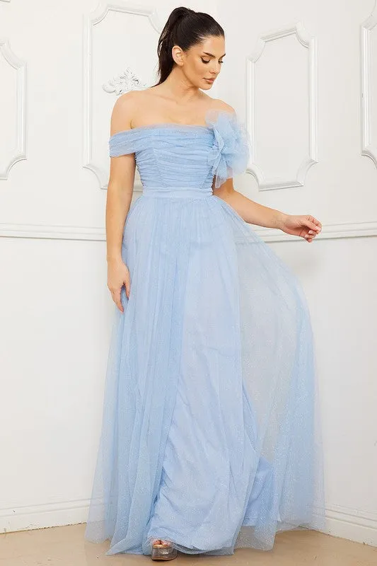 Lt Blue Glitter Mesh Tube Top Maxi Dress