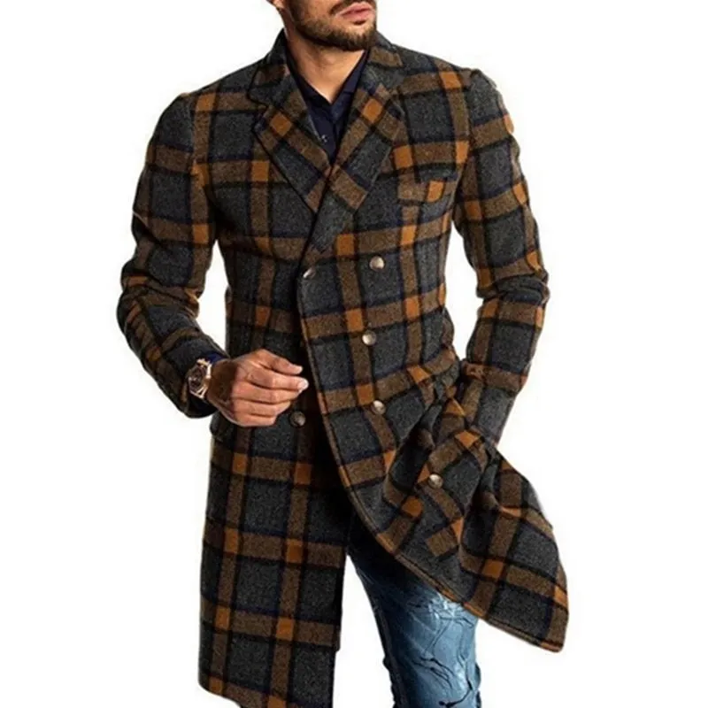 Men Long Woollen Wind Coat Houndstooth Jacket Men Trench Coat