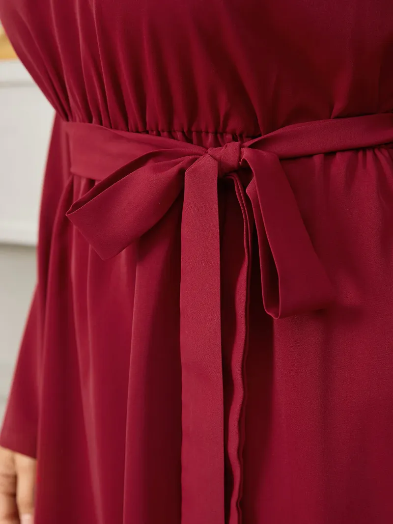 Plus Size V-neck Belt Design Elastic Waist Long Sleeves Dress