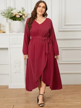 Plus Size V-neck Belt Design Elastic Waist Long Sleeves Dress