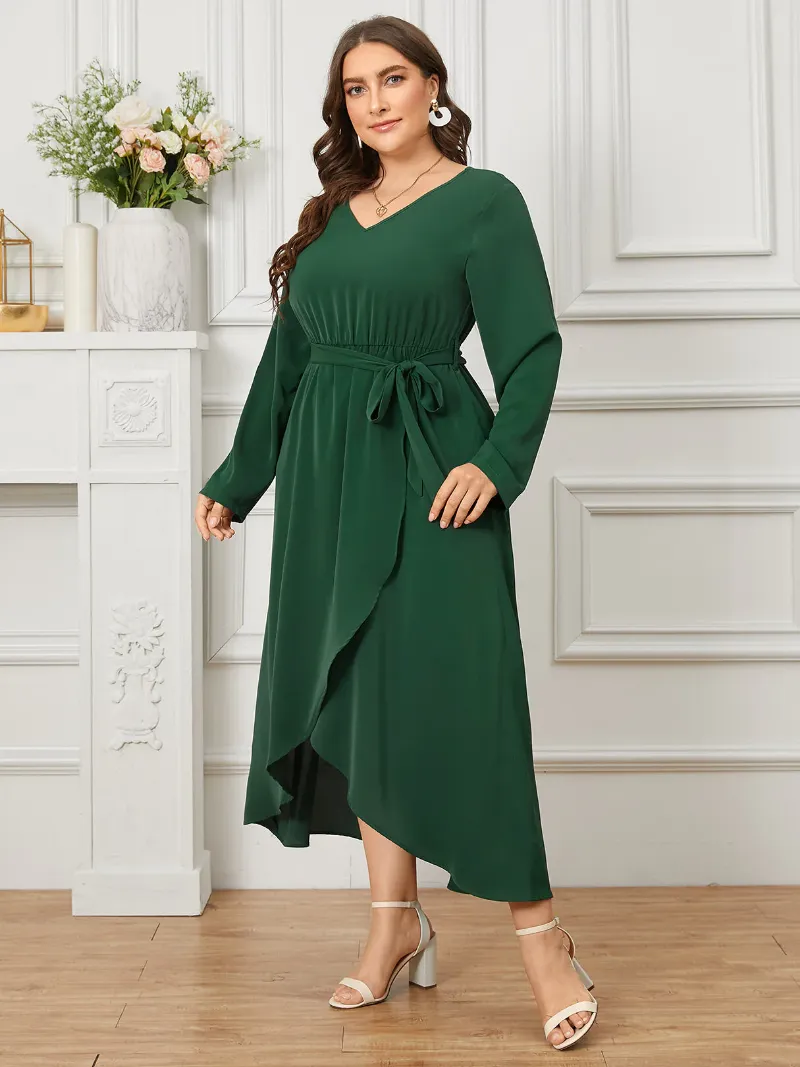 Plus Size V-neck Belt Design Elastic Waist Long Sleeves Dress