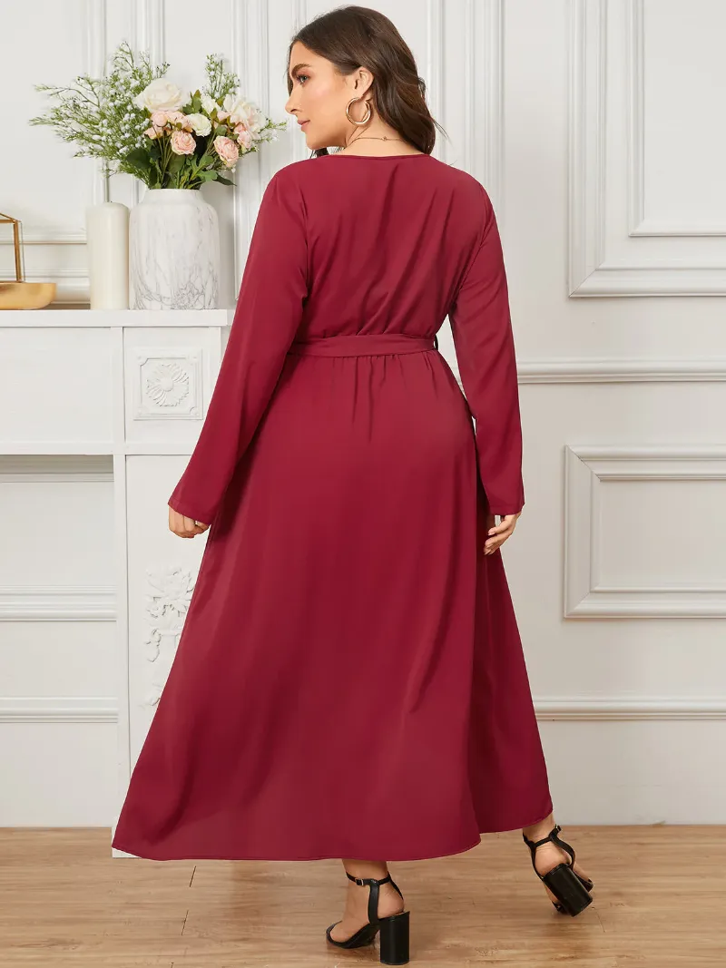 Plus Size V-neck Belt Design Elastic Waist Long Sleeves Dress