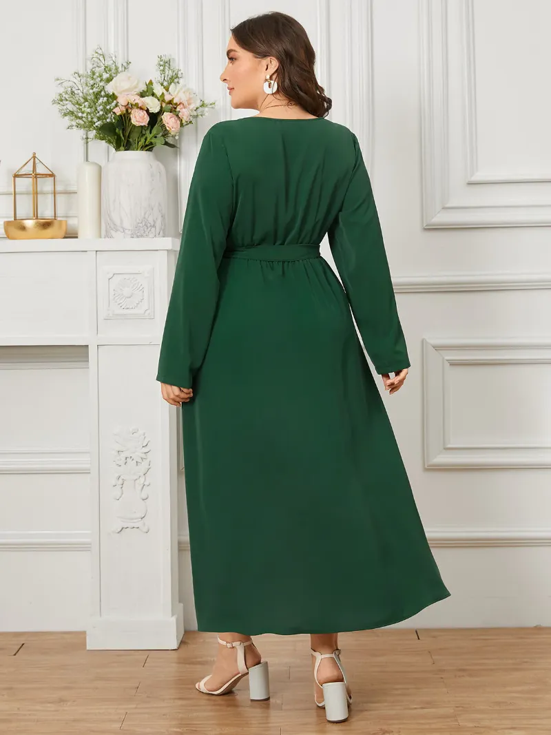 Plus Size V-neck Belt Design Elastic Waist Long Sleeves Dress