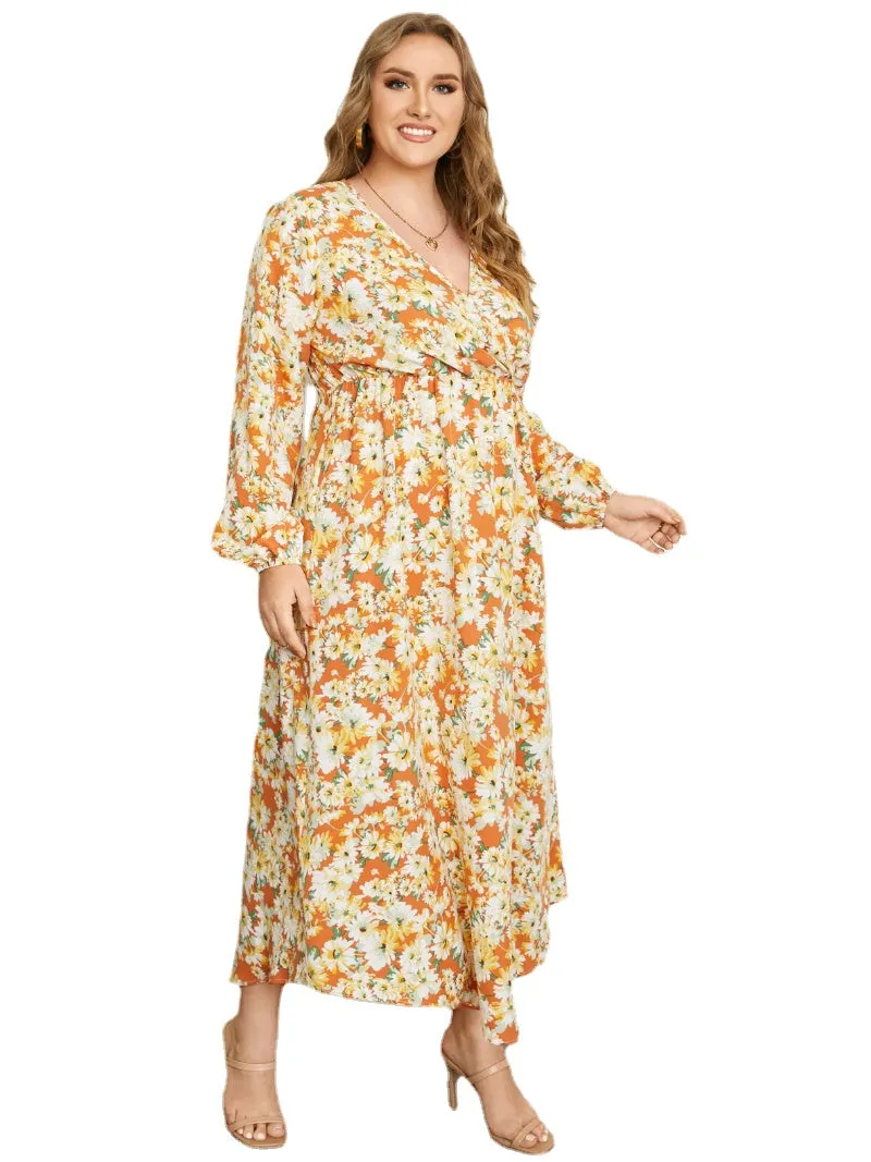 Plus Size V-neck Floral Print Crossed Front Design Dress