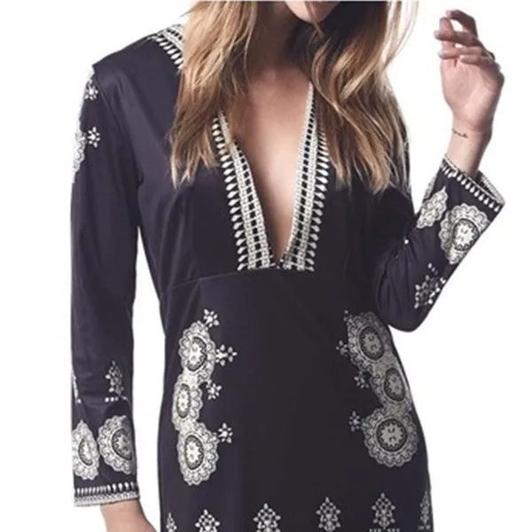 Sexy Digital Print Deep V Neck Long Sleeve Slim Bodycon Dress