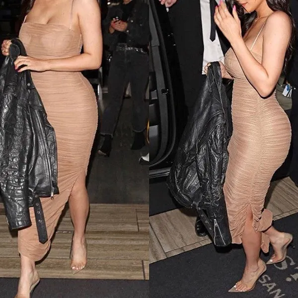 Sexy Spaghetti Straps Off Shoulder Split Slim .Bodycon Dress