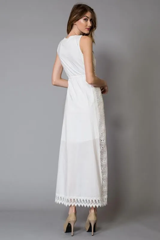 White Vertical Lace Trims Cotton Maxi Dress