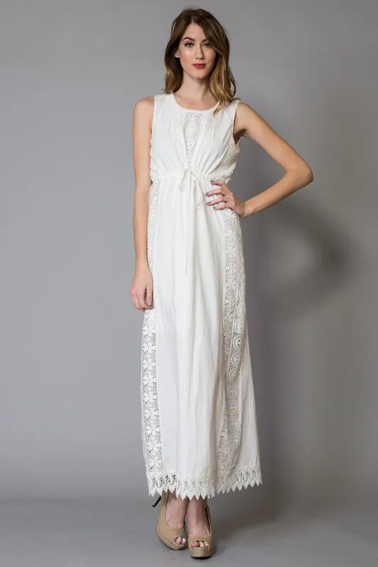 White Vertical Lace Trims Cotton Maxi Dress