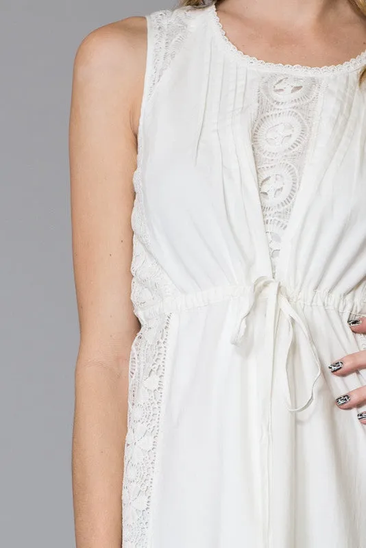 White Vertical Lace Trims Cotton Maxi Dress